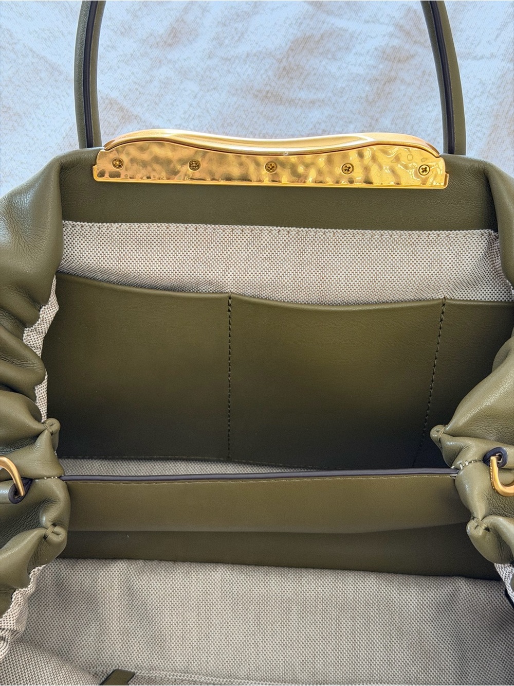 Donna Karan Olive Green Leather Satchel with Gold Accent - Picture 6 of 15